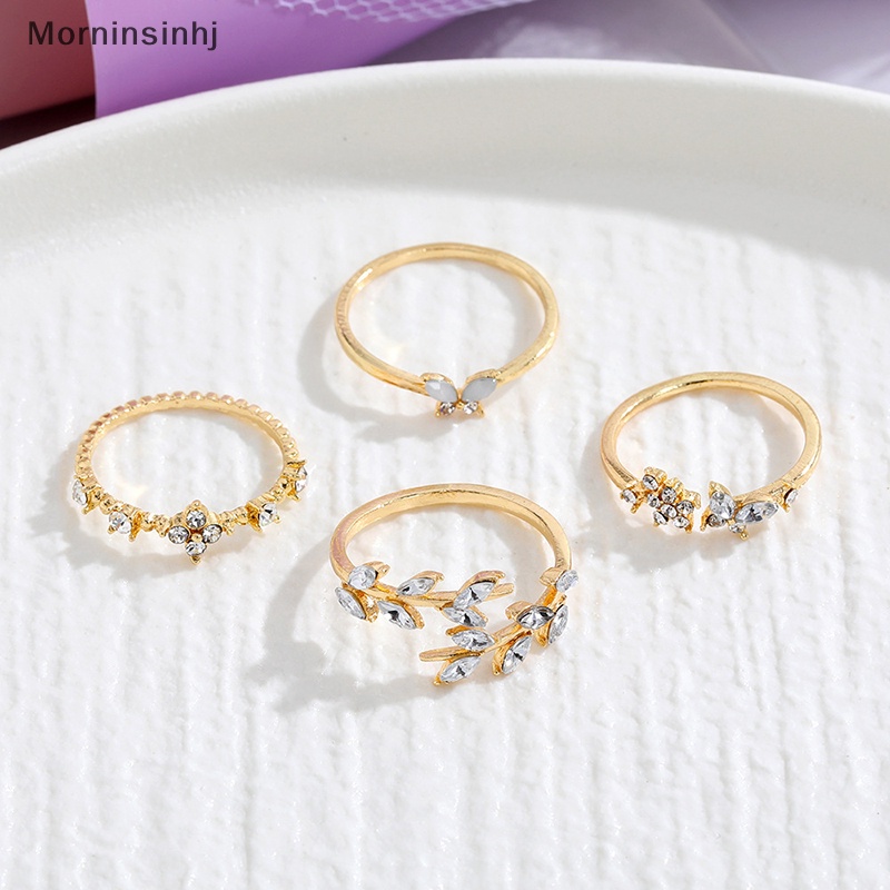 Mornin 4Pcs/Set Fashion Korea Temperamen Berlian Imitasi Memutar Daun Bunga Cincin Set Untuk Wanita Perhiasan Hadiah id