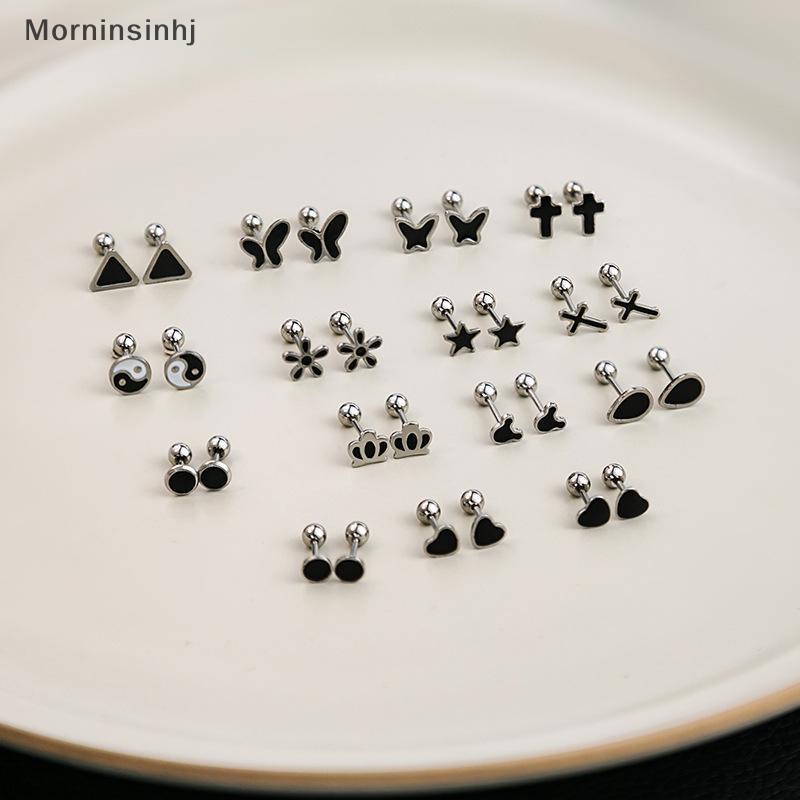 Mornin Anting Tusuk Silver Hitam Hati Bintang Bulat Kecil Untuk Wanita Ear Studs Jewelry id