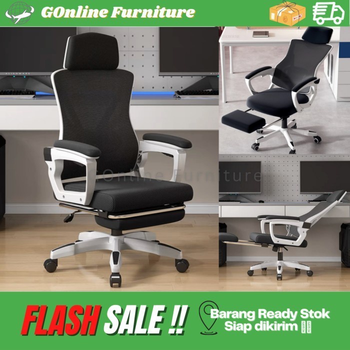 Kursi kantor bangku kerja office chair gaming jarin (RAKIT/INSTAN CAR) - HITAM PUTIH, ADA FOOTREST