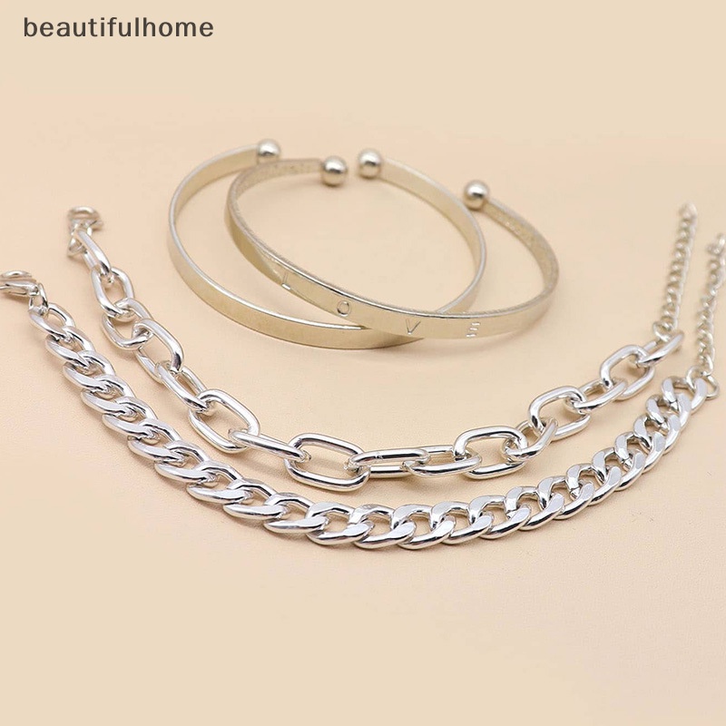 {beautifulhome} 4pcs /set Wanita Fashion Punk Hip Hop Rantai Bangles Gelang Perhiasan Aksesoris.