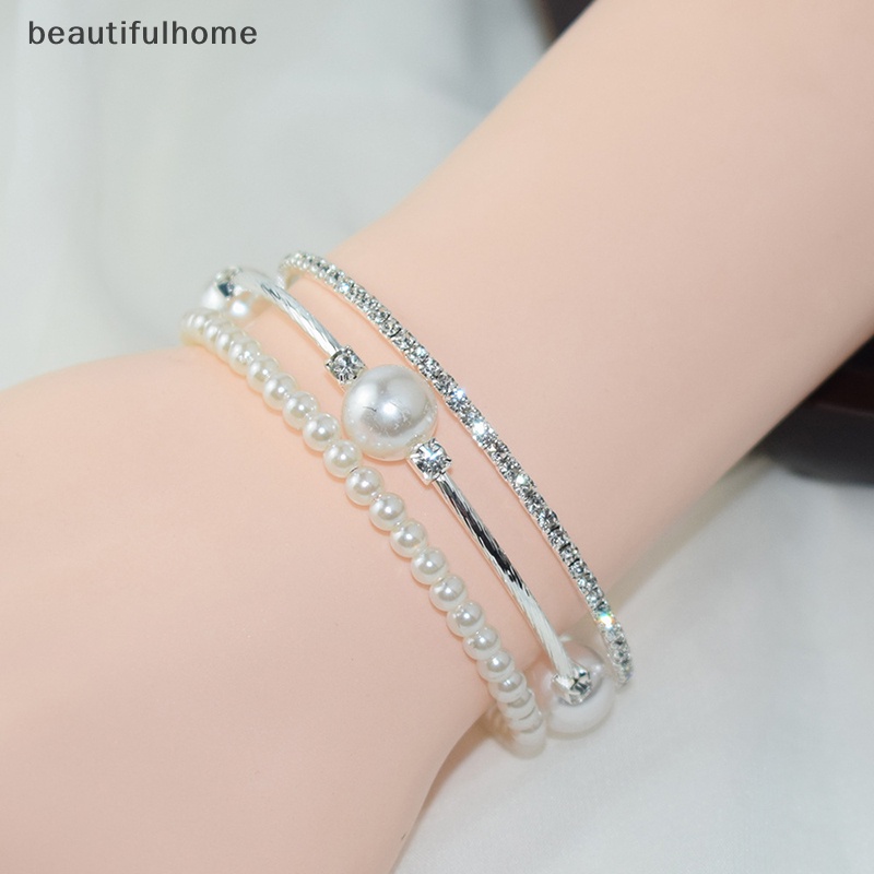 {beautifulhome} Kristal Mutiara Gelang Wanita Berlian Imitasi Multi-layer Adjustable Bangles Manset Berlapis Emas Perak Pesona Gelang Perhiasan Hadiah.