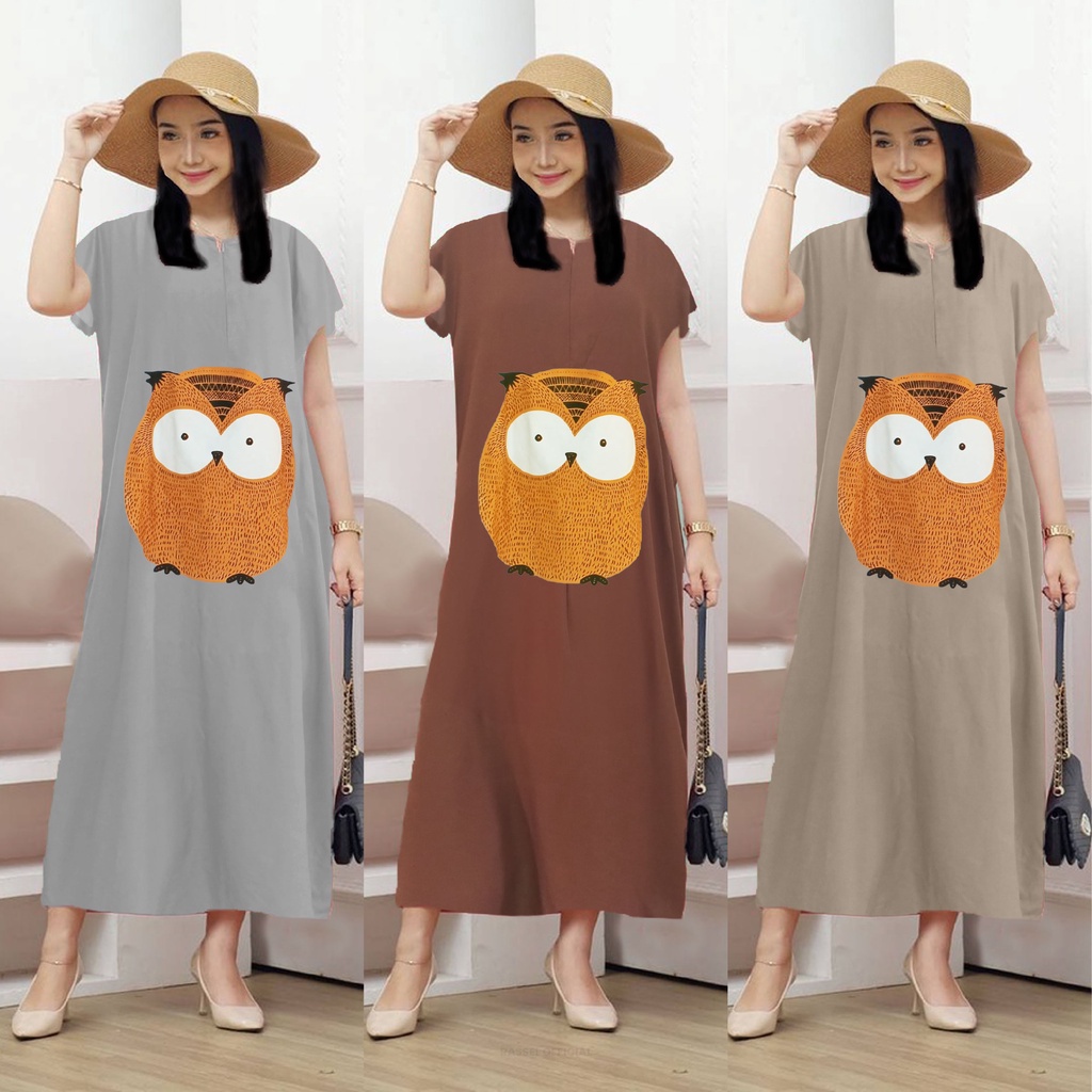 Long Dress Motif Owl LD120 Bahan Rayon Halus - Rassel Official Store
