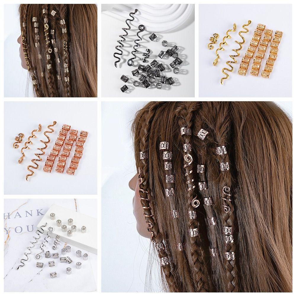 Needway 28pcs /set Klip Cincin Rambut DIY Curve Silver Viking Celtic Knot Alloy Golden Kotor Kepang Rambut Gesper Untuk Wanita