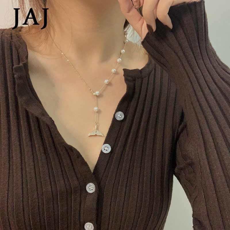 Jahitan Fishtail Mutiara Kalung Wanita Musim Gugur Musim Dingin Niche Desain Sweater Rantai All-Match Klavikula Baru Pend