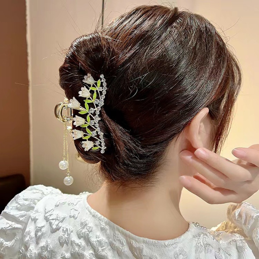 Korea Alloy Kristal Rumbai Bunga Rambut Klip Berlian Imitasi Mutiara Wanita Elegan Ponytail Clip Aksesoris Rambut