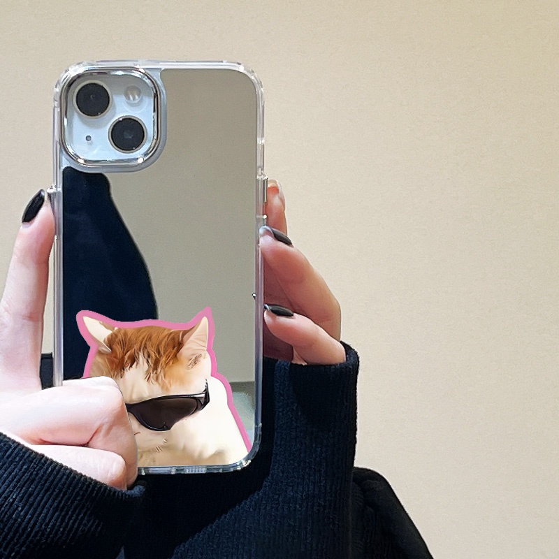 IPHONE Kacamata Hitam Lucu Cat Mirror Phone Case Kompatibel Untuk Iphone11 12 13 14 12Pro 13Pro 14Pro Pro Max XR X XS Max Electroplating Tombol Perlindungan Mirror Cover
