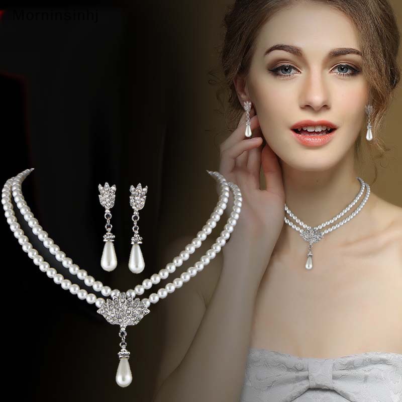 Mornin Elegan Simulasi-Mutiara Set Perhiasan Pengantin Berlian Imitasi Pearl Drop Kalung+Anting Pernikahan Perhiasan Hadiah id