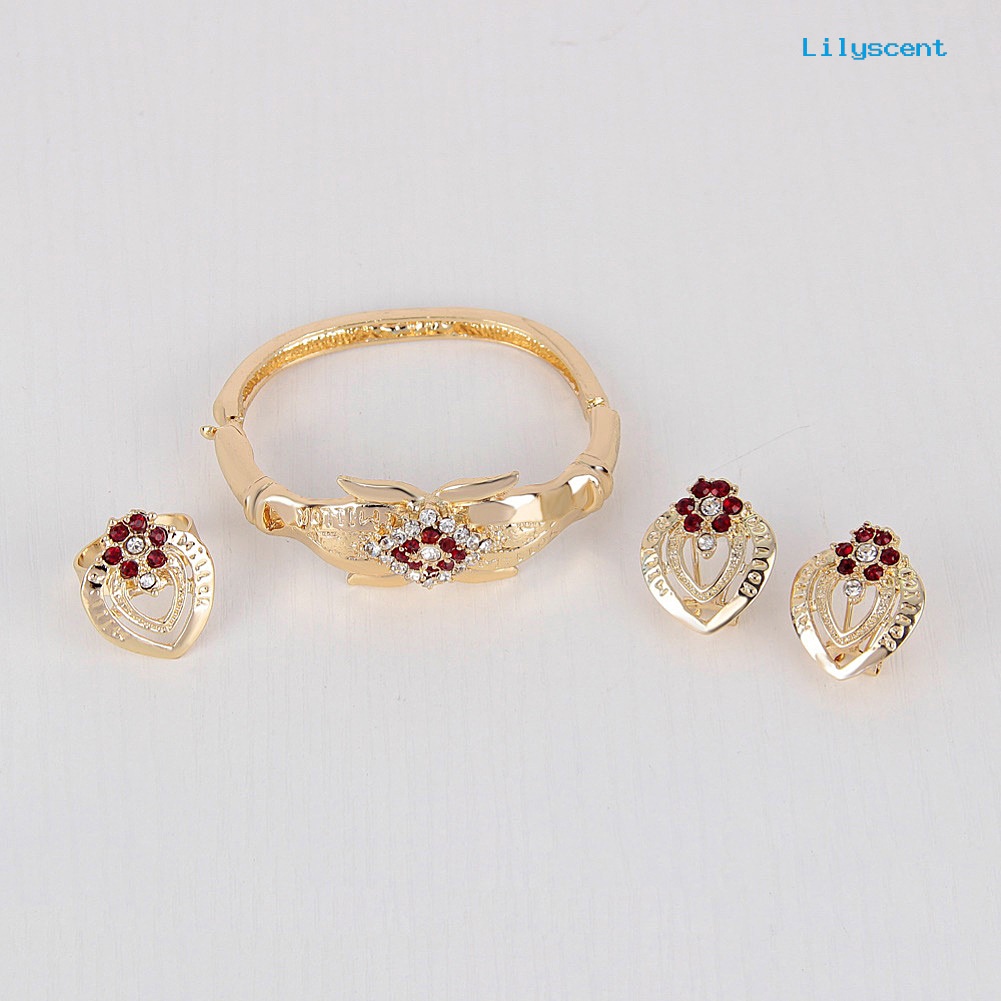 [LS]Rhinestone Heart Flower Kalung Stud Anting Cincin Gelang Wanita Set Perhiasan