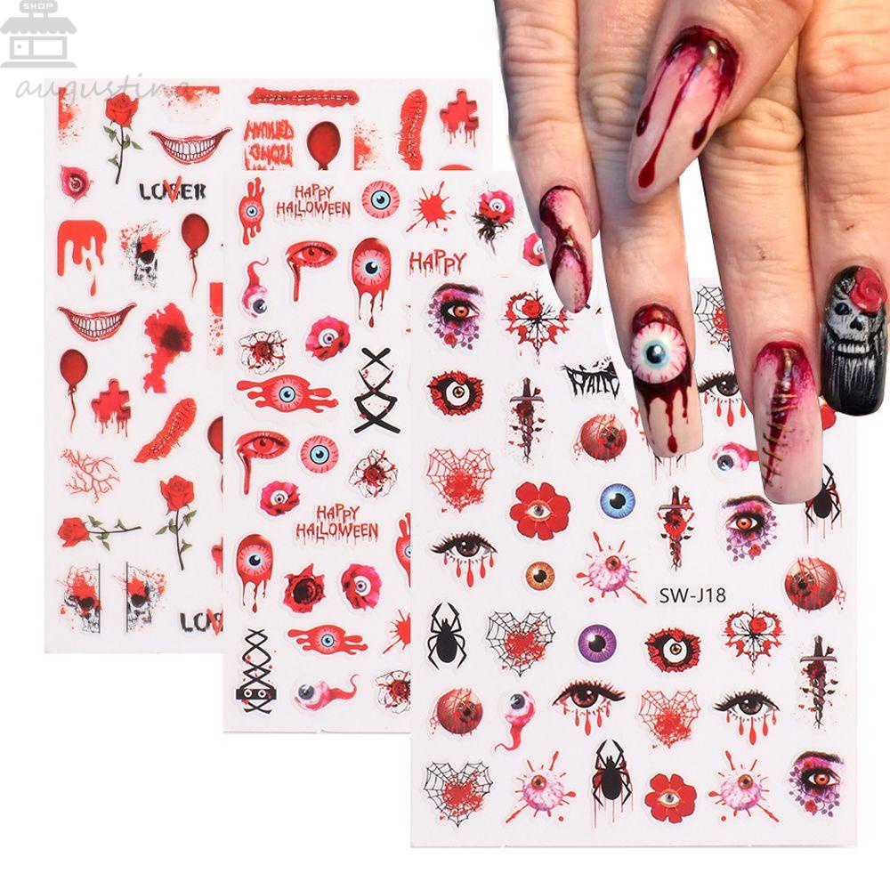 AUGUSTINA Agustina Halloween Stiker Kuku Hantu Kartun DIY Perekat Diri Aksesoris Manicure Skeleton Nail Tips Decal