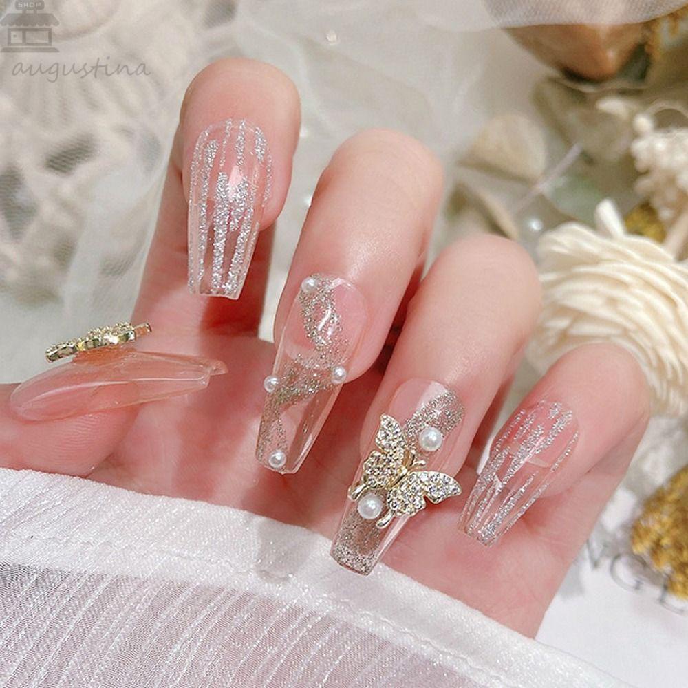 AUGUSTINA Augustina Hiasan Kuku Kupu-Kupu Wanita Pesona Kuku Emas Perak Korea Nail Art Manicure Aksesoris