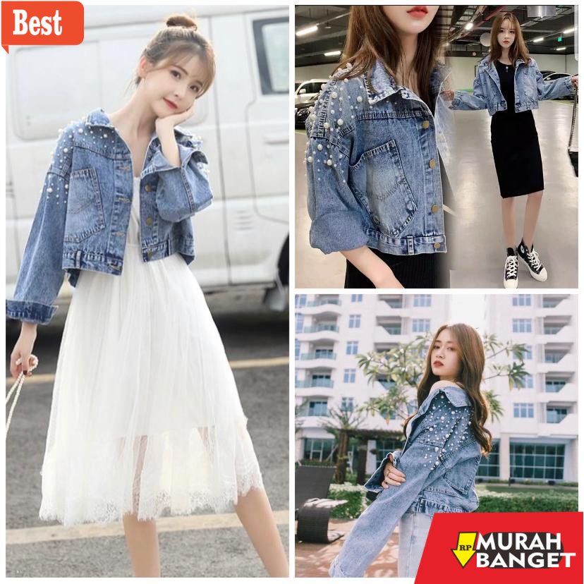 Jaket denim wanita terbaru-  COD - JAKET JEANS CROP KOMBINASI MUTIARA TEMBAK OVERSIZE CROP/JAKET JEA