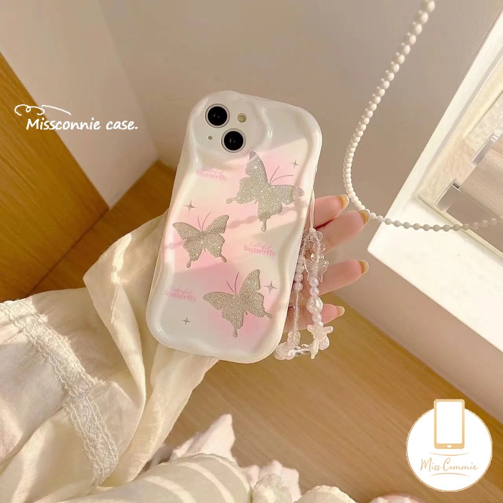 Casing Tepi Melengkung Bergelombang 3D Untuk Redmi 10C A1 A2 9 9A 9T 10 10A 9C NFC Redmi Note10 8 9 11 10s 11s 12 10 Pro Max POCO M3 Glitter Fantasy Butterfly Case Dengan Lanyard Rantai Mutiara