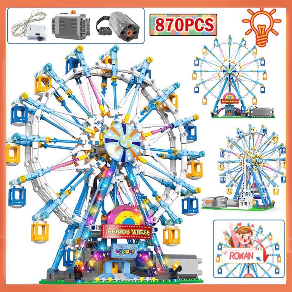 R-FLOWER 870pcs /set Ulang Tahun Ferris Wheel Berputar Dengan Lampu DIY Kreativitas Pembangun Teman Kota