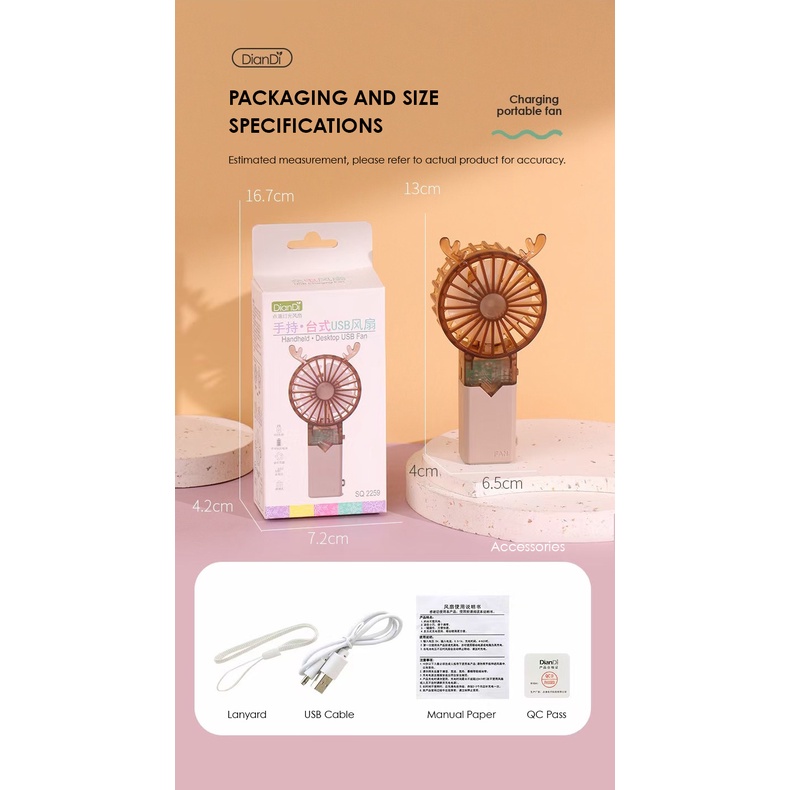 Kipas Angin Mini Fan Portabel Genggam DianDi SQ2259 Kipas Lucu Rusa