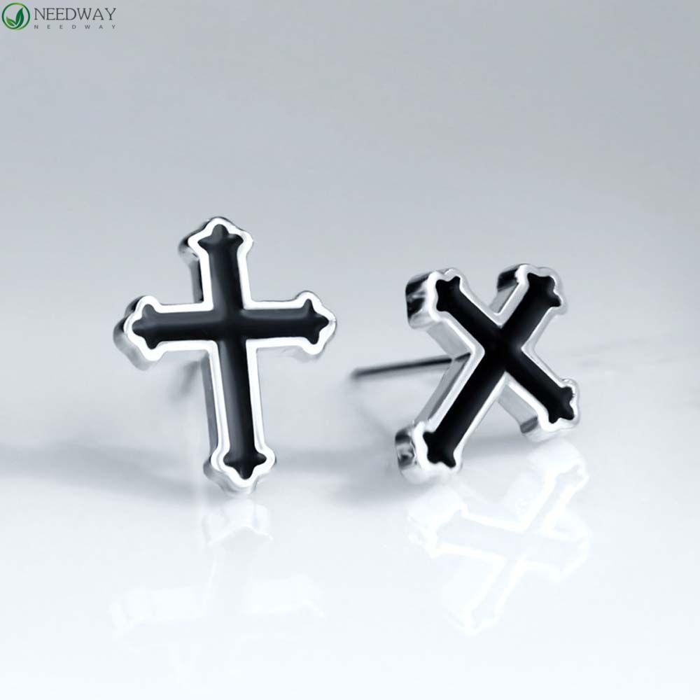 NEEDWAY Cross Ear Studs Keren Vintage Salib Berbentuk Punk Warna Perak Hitam Pria Punk Anting