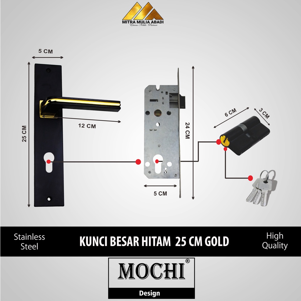 Gagang Kunci Pintu Besar 25 cm Full set  l Handel Pintu rumah Full Set MOCHI GOLD