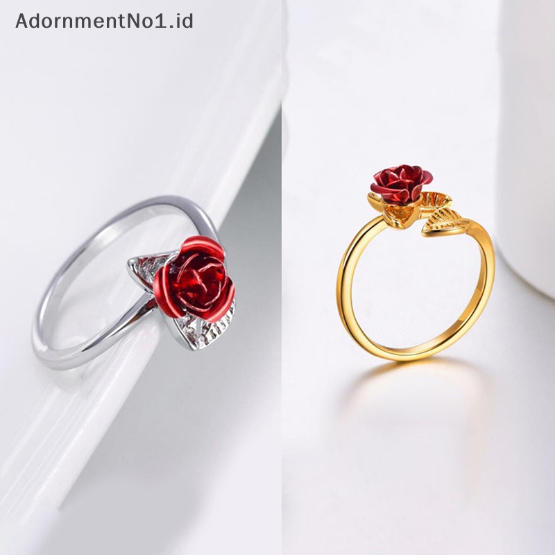 [AdornmentNo1] Bunga mawar merah daun cincin pembukaan untuk wanita bunga Fashion cincin jari yang dapat disesuaikan hari valene perhiasan pertunangan hadiah