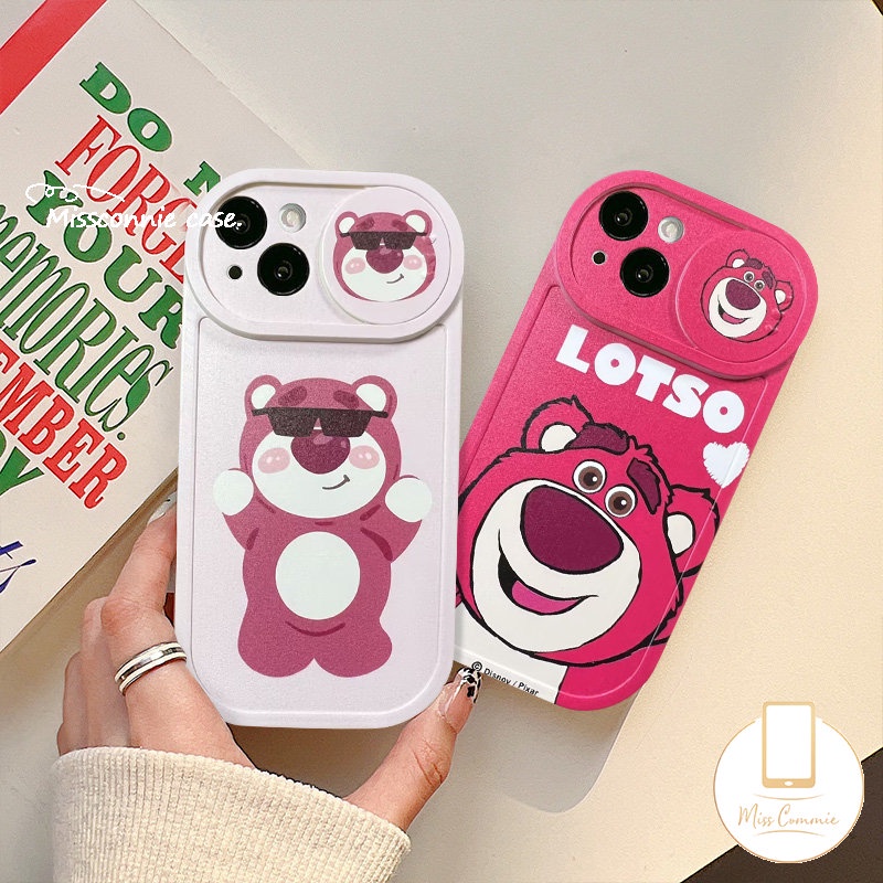 Cute Strawberry Bear Lotso Case Compatible for iPhone 11 XR 7Plus 13 12 11 Pro Max 8Plus X XS Max Cartoon Funny Dinosaur Push Pull Window Camera Lens Protector Soft Cover