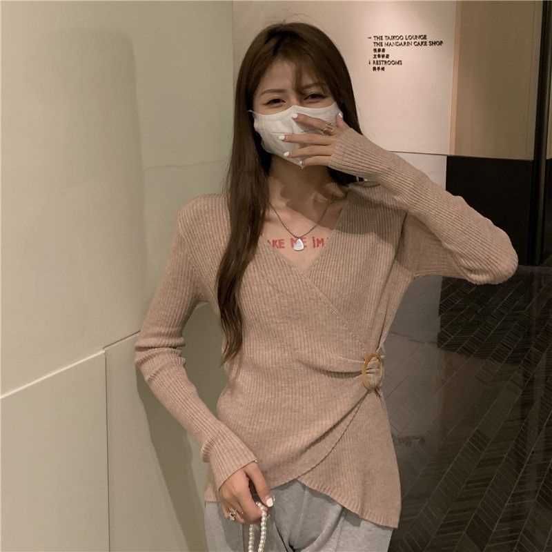 Sweater Wanita Rajut Wrap V-Neck Lengan Panjang polos Top