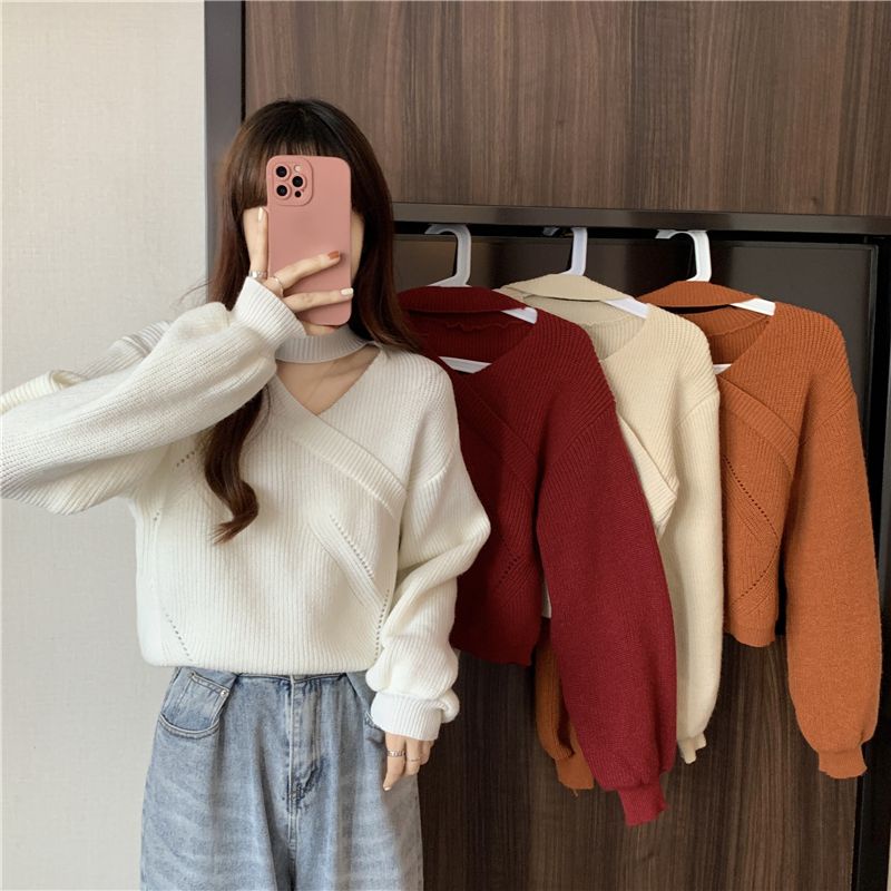 Sweater Oversize Wanita Polos Lengan Panjang Casual Halterneck Top