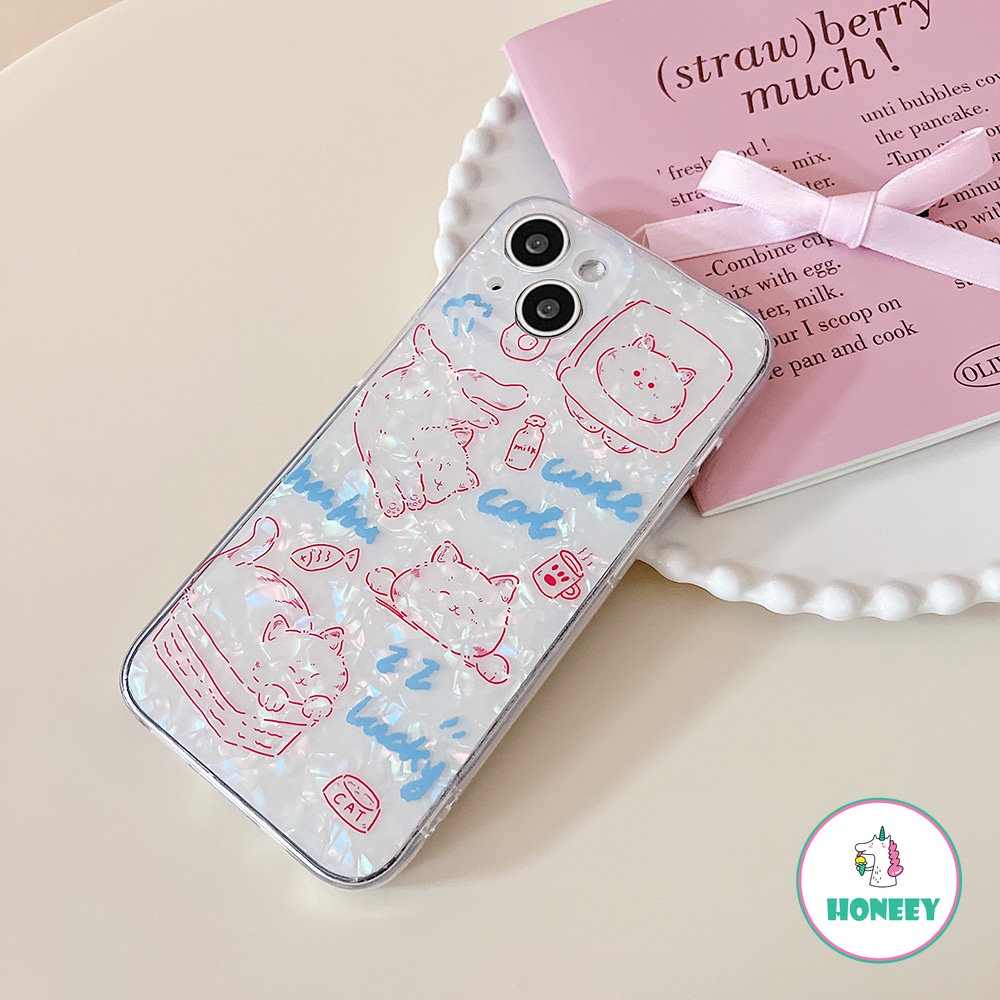 IPHONE Casing Ponsel Kucing Motif Shell Pink Mengkilap Yang Indah Kompatibel Untuk Iphone14 14Pro 11 12ProMax 12Pro 12 13ProMax Shockproof Back Cover