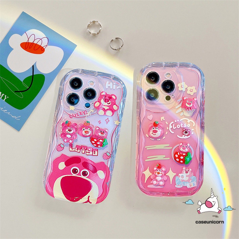 Casing Ponsel Boneka Sterik Kartun 3D DIY Kompatibel Untuk iPhone X XR 14 11 13 12 11 Pro Max6 6s 7 8 Plus XS Max SE Cute Strawberry Bear Manyo Doodle 3D Wavy Curved Edge Soft Tpu Cover