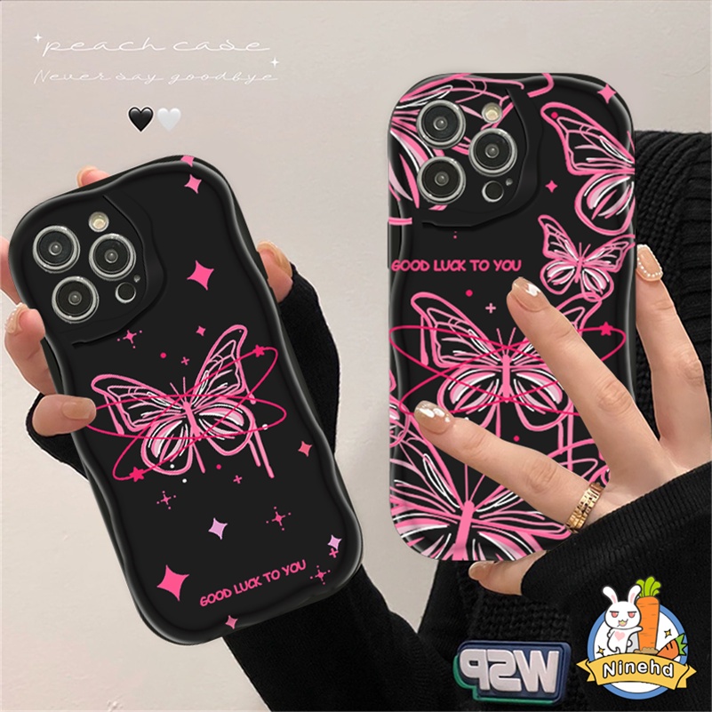 IPHONE Ins Manis Keren Pink Kupu-Kupu Hitam Terang Casing Ponsel Kompatibel Untuk Iphone14 13 12 11 Pro Max X Xr Xs Max8 7 6 6s Plus SE 2020 Bumper Shockproof Tepi Melengkung Lembut Tpu Penutup Belakang