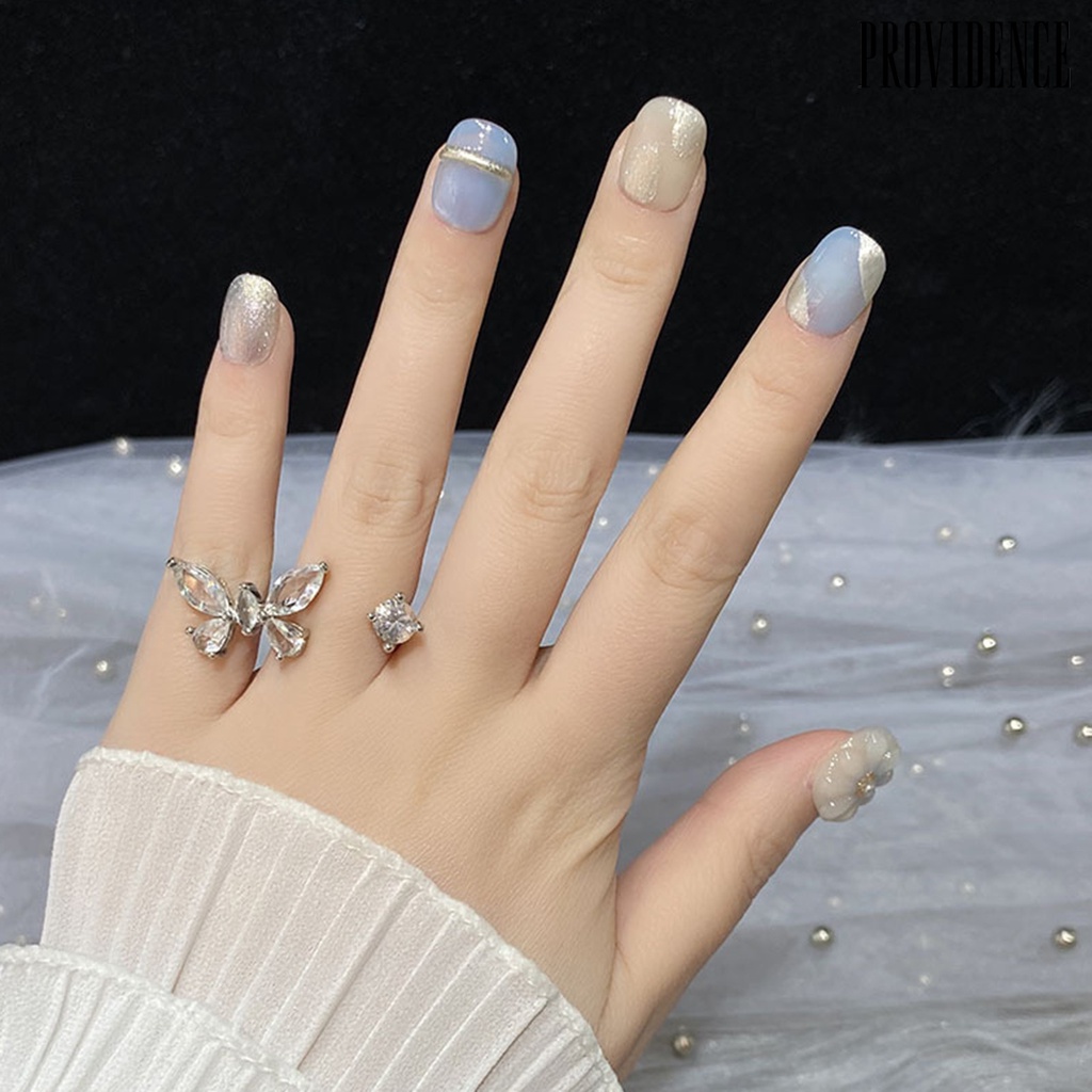 Providence 1set Press-On Kuku Lucu Bunga Kuku Palsu Penutup Penuh Buatan French Tip Wearable Kuku Palsu Dengan Desain Bling DIY Perlengkapan Nail Art