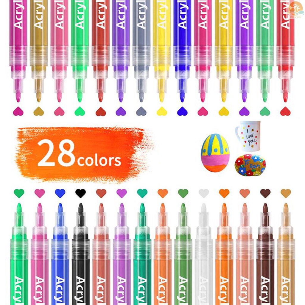 In Stock Pulpen Spidol Cat Akrilik 28warna Vibrant Set Pelukis Akrilik 0.7mm Pen Tip Warna Terang Cepat Kering Tidak Beracun Water Based Paint Pens Untuk Batuan Metal Glass Wood Ceram