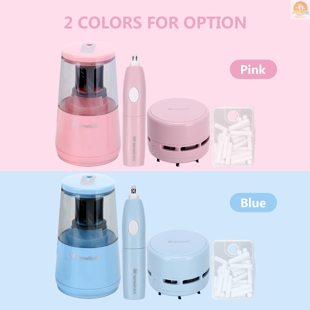 In Stock tenwin Electric Pencil Sharpener Eraser Vacuum Cleaner Set Alat Tulis Set Kabel Listrik/ Baterai Dioperasikan Dengan 50penghapus Isi Ulang Untuk Anak Dewasa Rumah Kantor Sekolah Kelas