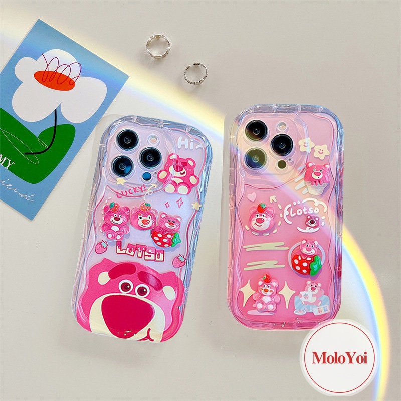 3D Wavy Curved Edge Glossy Soft Case Compatible for iPhone XR XS X Max 7Plus 11 12 14 13 Pro Max 7 6 8 6s Plus SE 2020 3D Cartoon Cute Doll Strawberry Bear Lotso Phone Cover