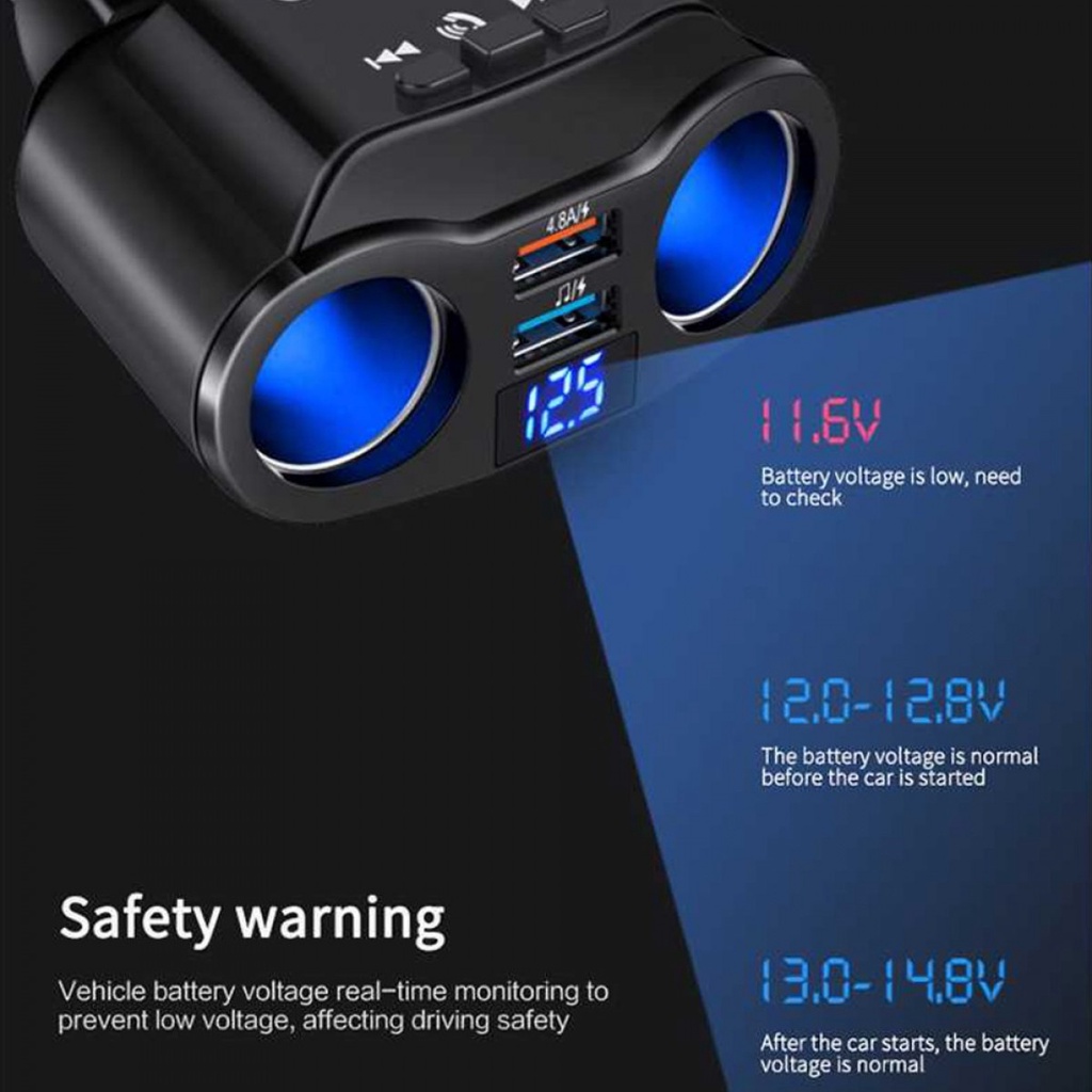 Car Charger Mobil 2 USB Port 2 Lighter Plug Bluetooth LCD Universal