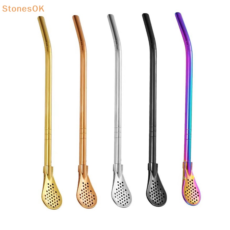 Batu Warna Warni304 Sedotan Minum Teh Stainless Steel Sendok Yerba Mate Tea Filter Reusable Metal Kitchen Bar Milk Tea Stirring Spoon ID