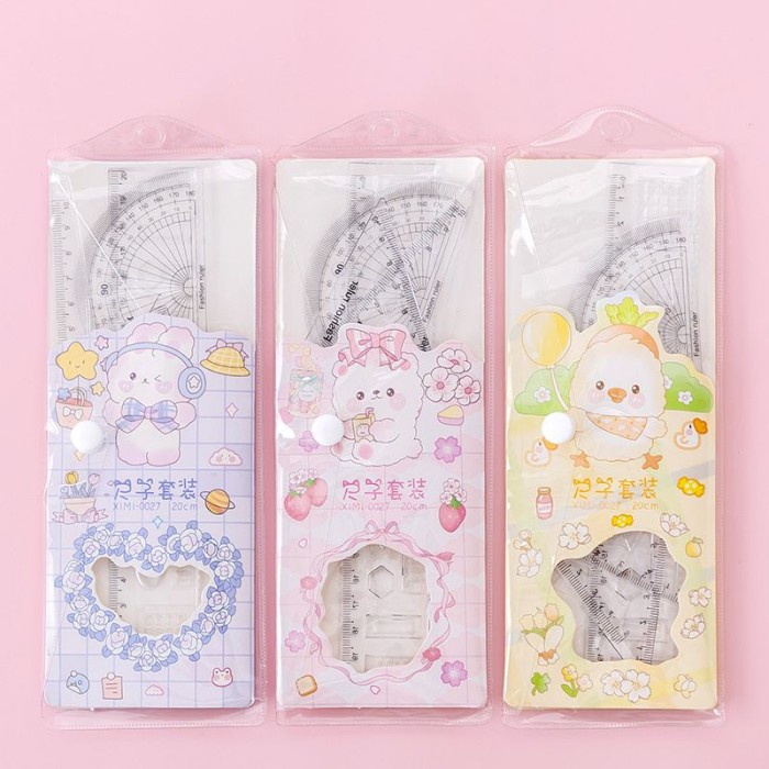 Penggaris Plastik 4 In 1 Set Ruler Alat Tulis Sekolah Anak Motif Lucu