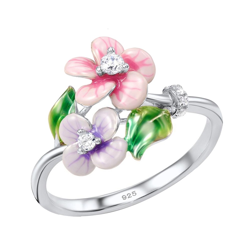 Fashion Baru925 Sterling Perak Bunga Merah Daun Hijau Berlian Cincin Untuk Wanita Harian Kasual Bunga Rings Aksesoris