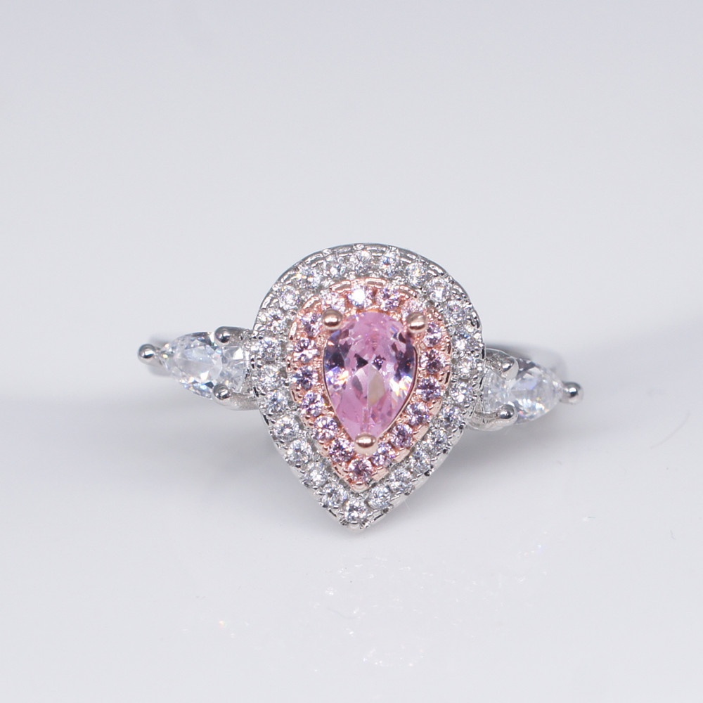 Goldkingdom Aksesoris Perhiasan Fashion Ready Stock Jual Panas Nude Pink Diamond Set Cincin Pertunangan Wanita Bentuk Tetesan Air Micro Full Diamond Ring