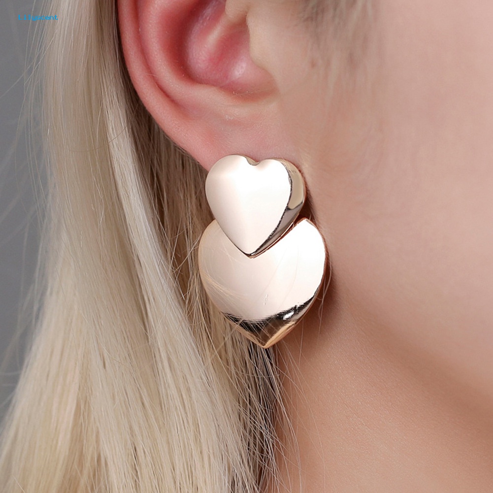 Lilyscent Fashion Wanita Ganda Hati Menjuntai Drop Ear Stud Earrings Pesta Perhiasan Hadiah