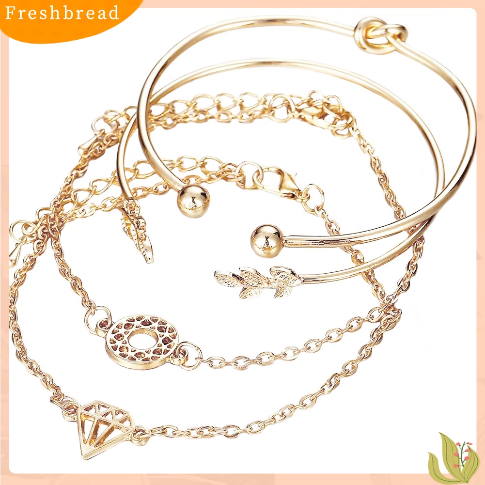 &lt; Freshbread &gt; 4Pcs/Set Boho Wanita Daun Simpul Berongga Kristal Terbuka Bangle Gelang Perhiasan Decor