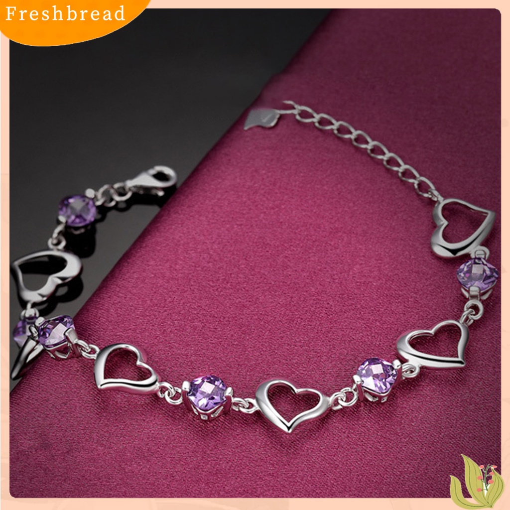 &lt; Freshbread &gt; Wanita Gelang Adjustable Berlian Imitasi Mengkilap Hias Perak Berlapis Kilau Terang Hias Hadiah Wanita Berongga-out Jantung Pesona Gelang Fashion Perhiasan