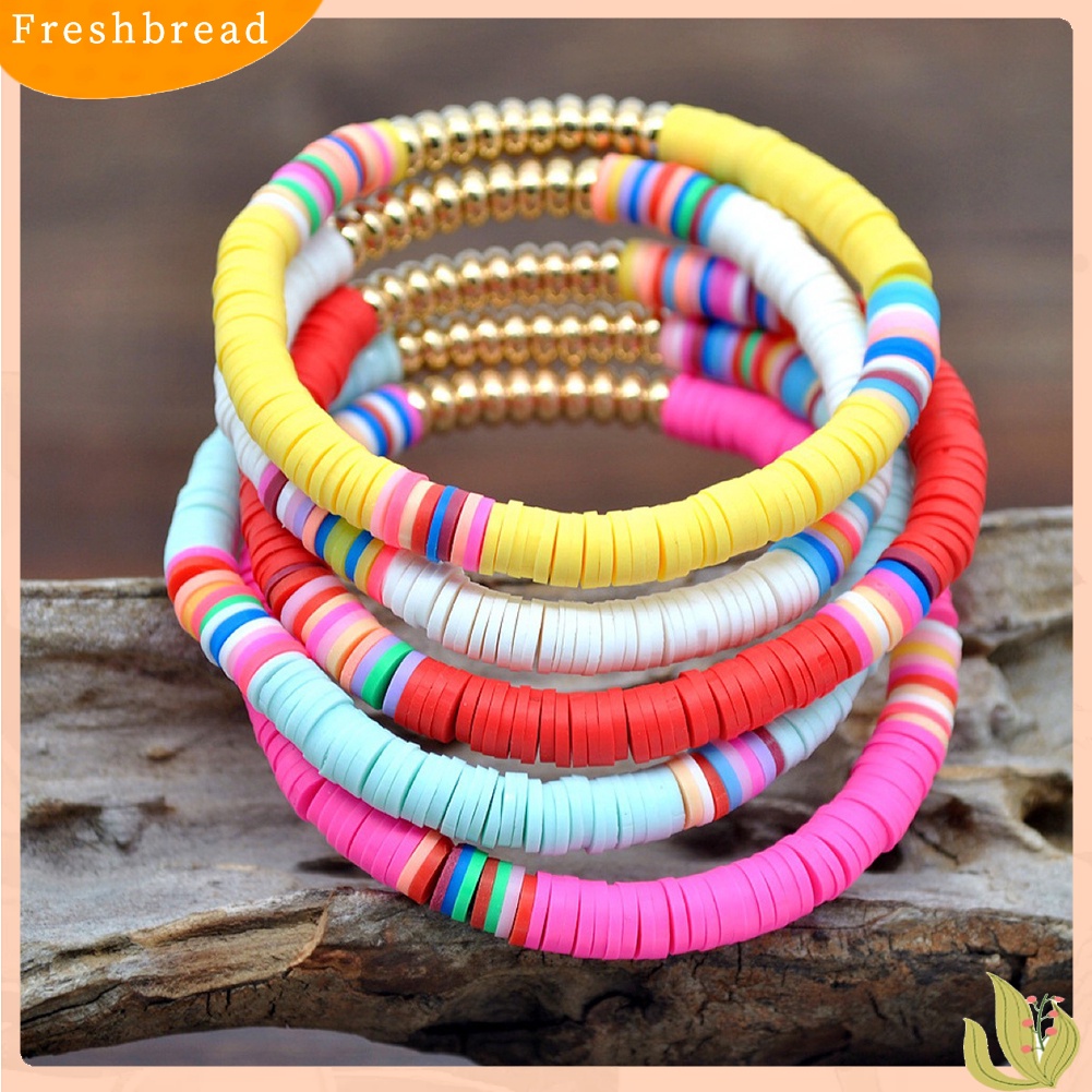 &lt; Freshbread &gt; 5Pcs Wanita Mode Rainbow Polymer Clay String Beads Gelang Pesta Bangle Hadiah