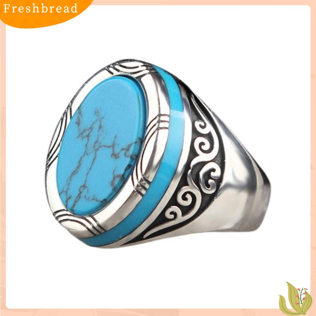 &lt; Freshbread &gt; Electroplating Polishing Lebar Pria Cincin Punk Retro Pola Ukir Faux Turquoise Ring Perhiasan Aksesoris