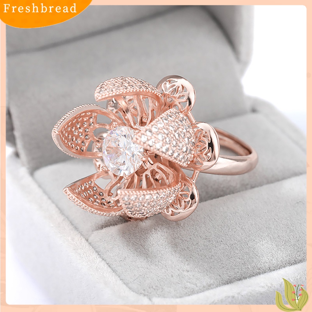 &lt; Freshbread &gt; Wanita Berongga Open-end Cincin Pembukaan Tutup Bunga Zirkon Berputar Perhiasan Hadiah