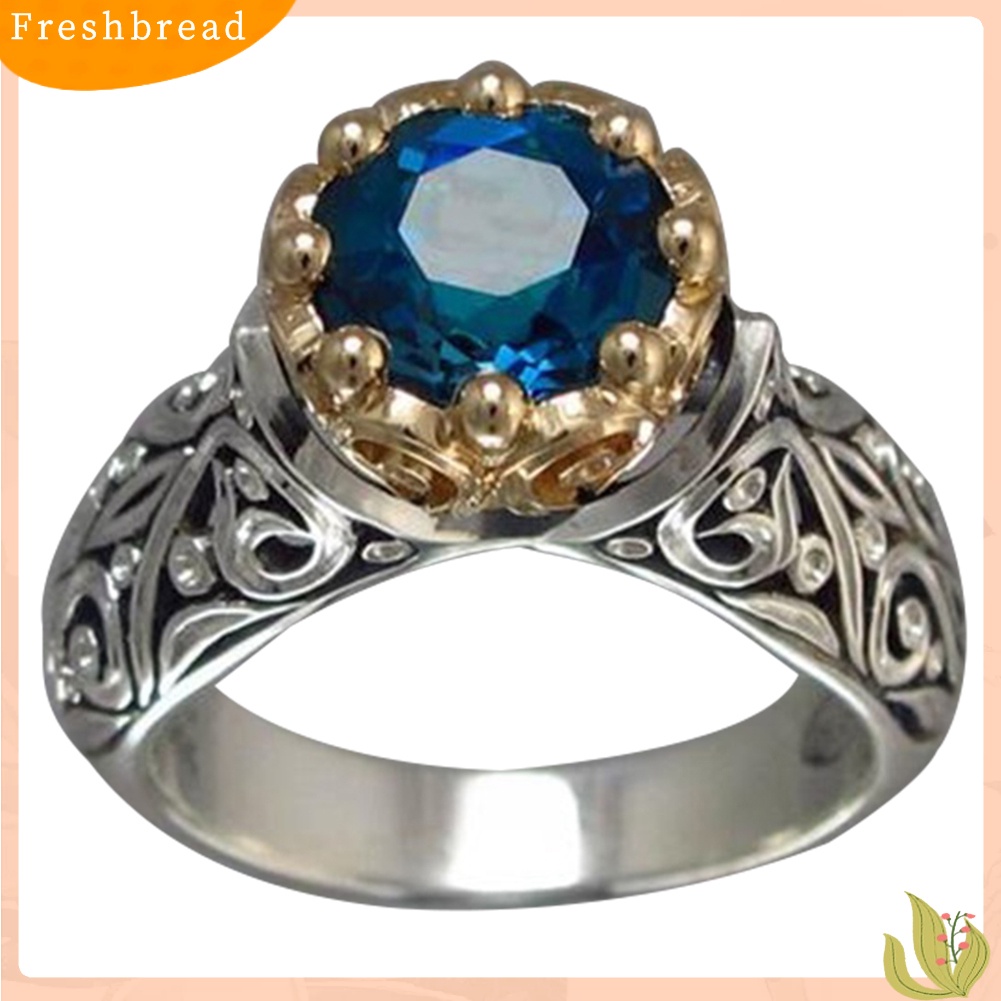 &lt; Freshbread &gt; Vintage Etnik Wanita Ukir Bulat Faux Topaz Disepuh Jari Cincin Perhiasan Hadiah