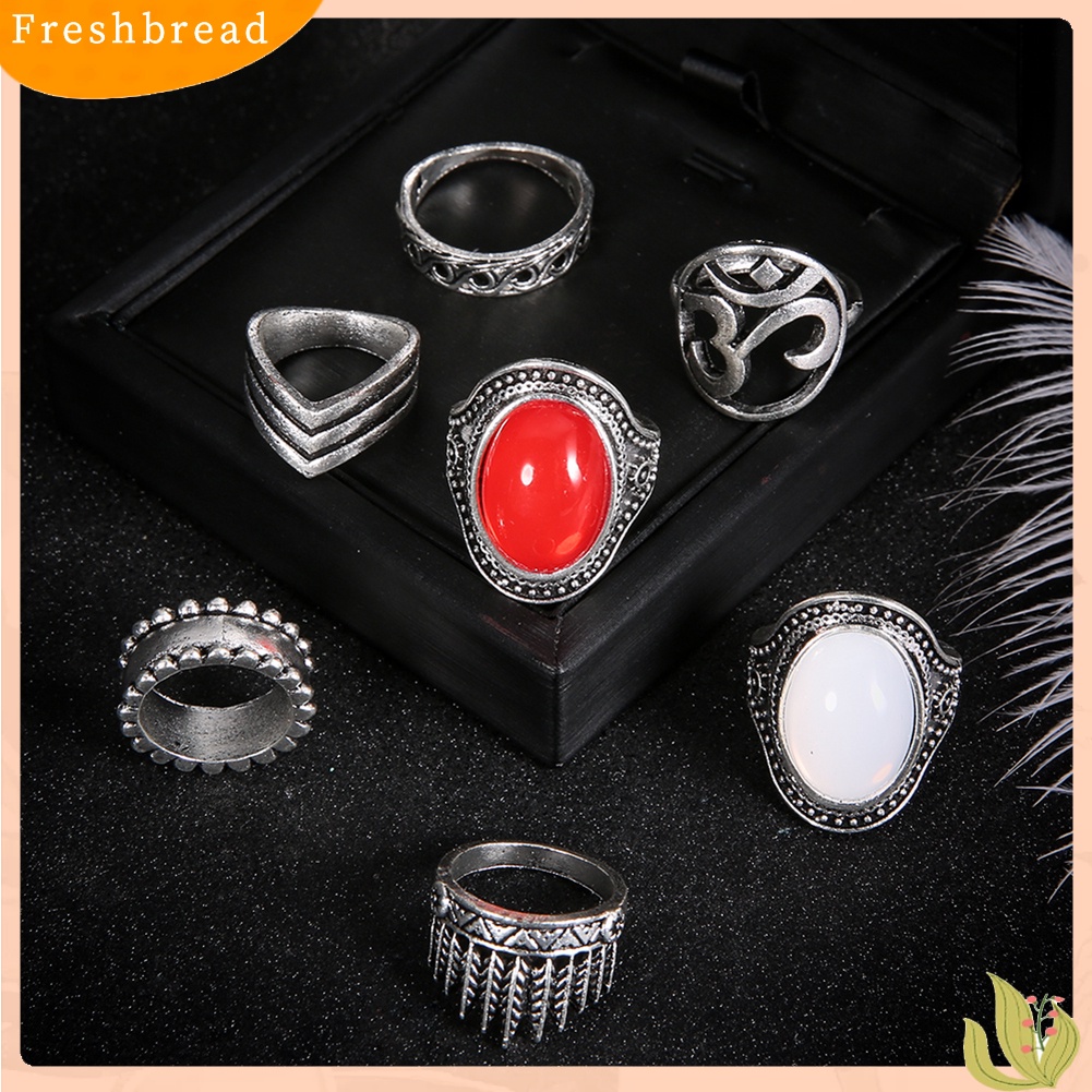 &lt; Freshbread &gt; 7Pcs/Set Boho Wanita Oval Yoga OM Knuckle Midi Susun Cincin Retro Perhiasan Hadiah