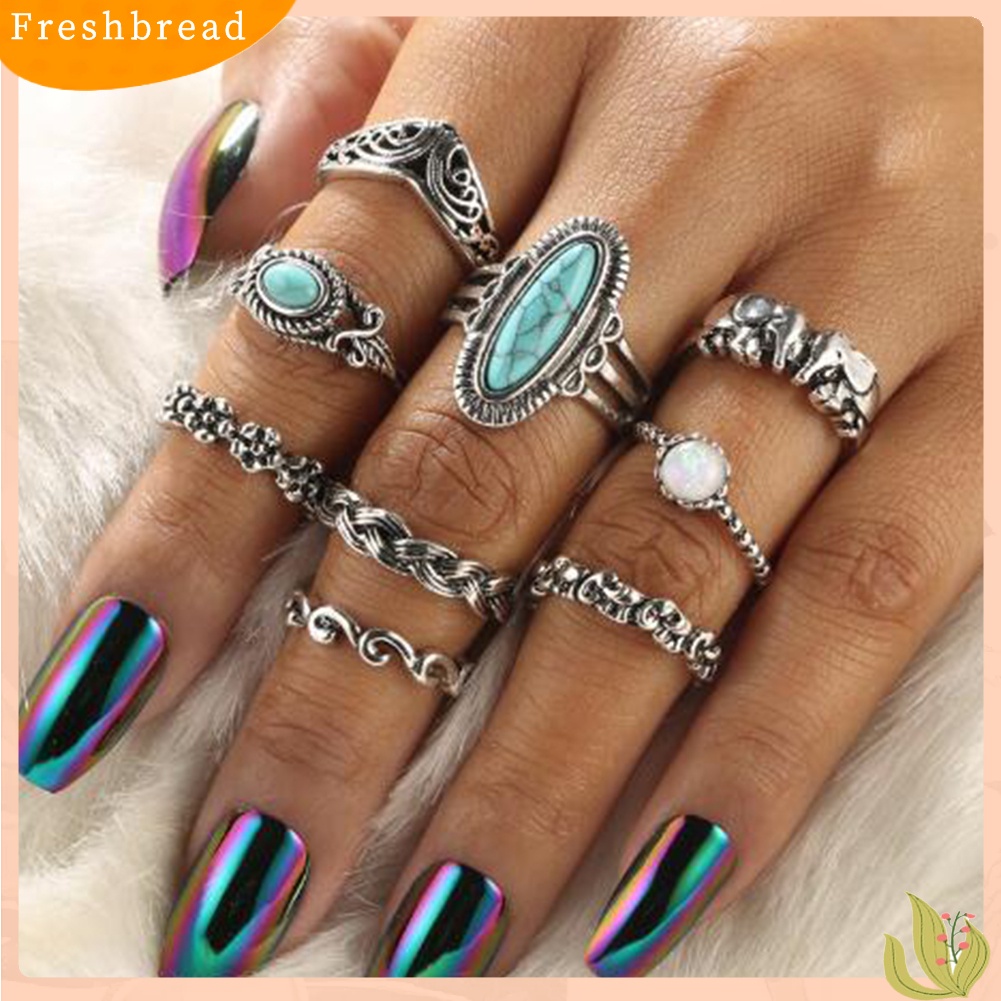 &lt; Freshbread &gt; 9Pcs/Set Boho Stack Gajah Bunga Faux Turquoise Midi Finger Knuckle Rings