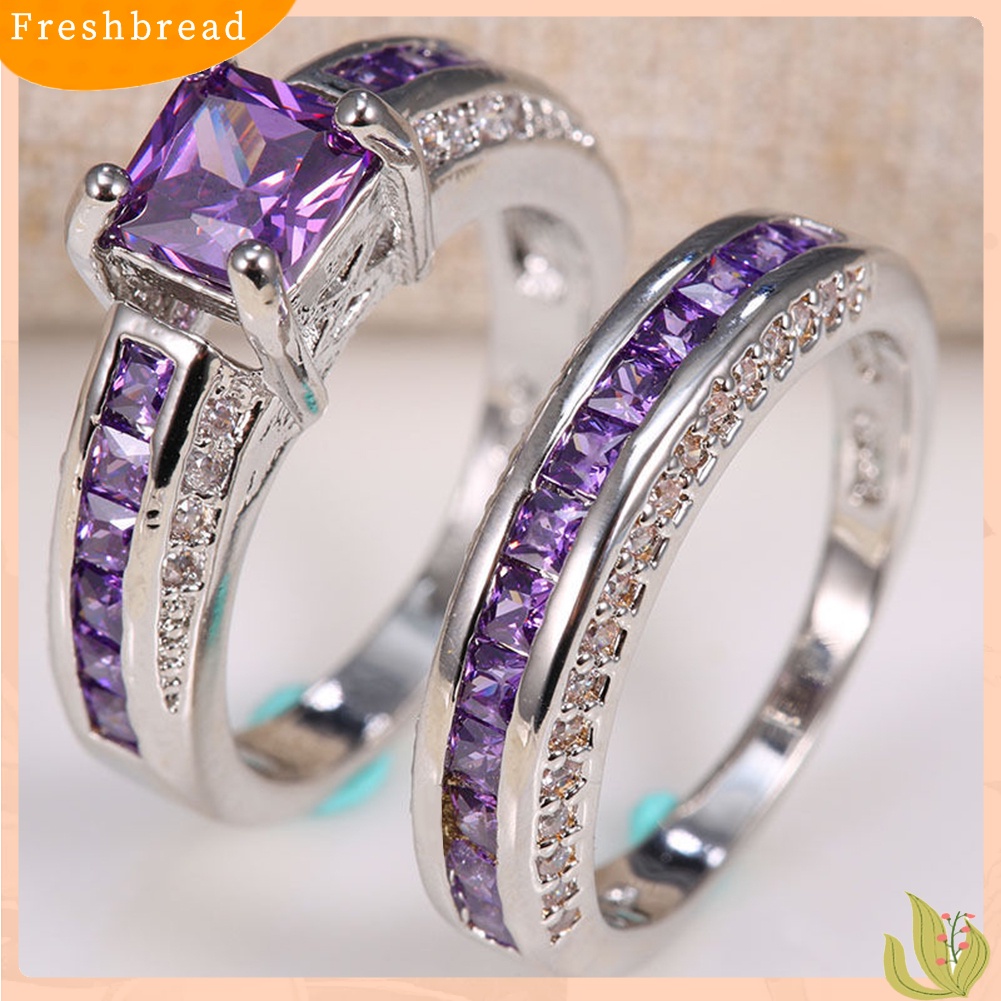 &lt; Freshbread &gt; 2Pcs Perhiasan Putri Persegi Imitasi Amethyst Hias Berlian Imitasi Pernikahan Cincin Band