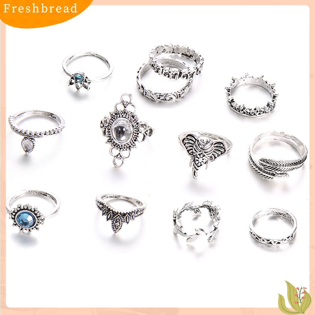 &lt; Freshbread &gt; 12 Pcs Wanita Vintage Boho Faux Gemstone Rhinestone Jewelry Buku Jari Susun Rings