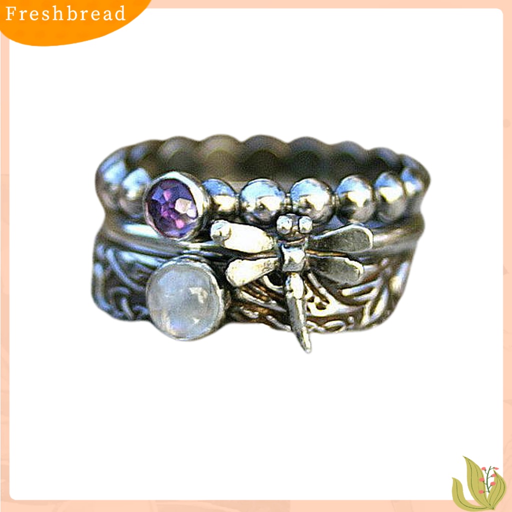 &lt; Freshbread &gt; 3Pcs/Set Cincin Bentuk Capung Imitasi Oval Permata Wanita Silver Mini Stackable Ring Sets Untuk Hadiah