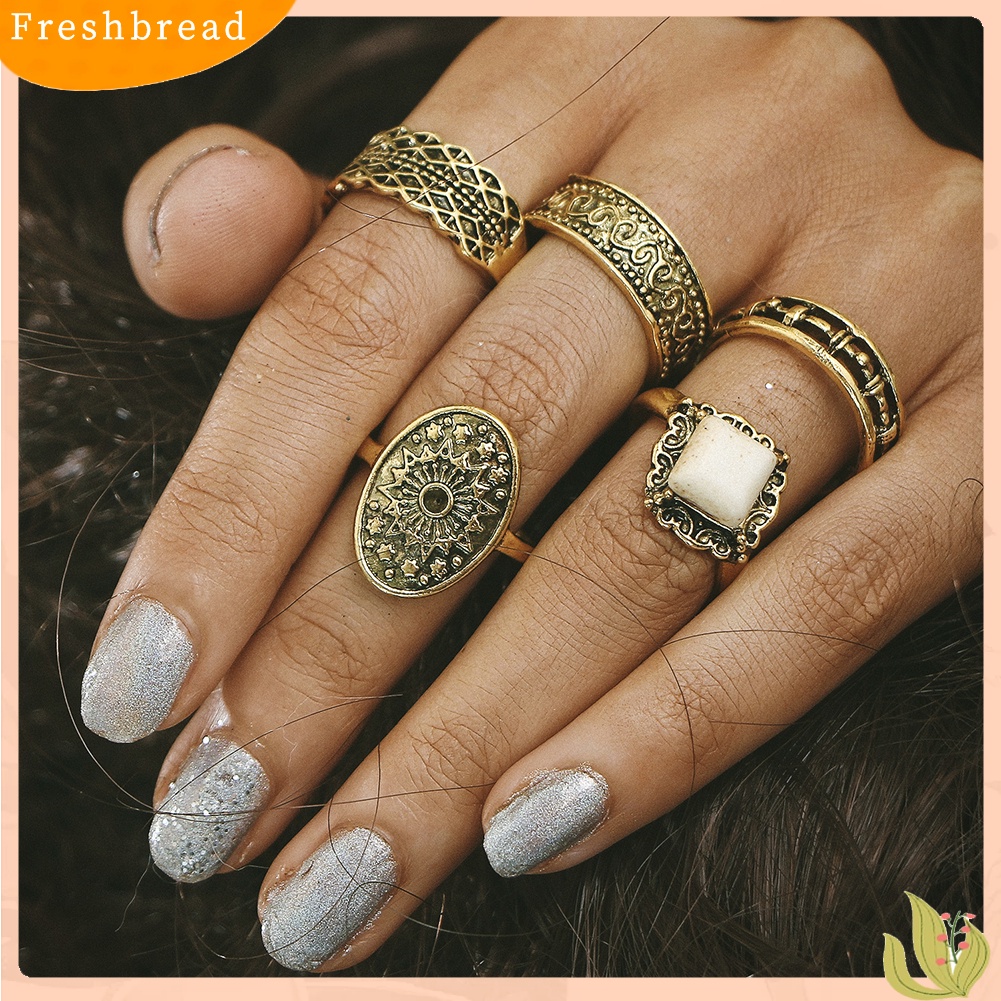 &lt; Freshbread &gt; 5Pcs/Set Vintage Wanita Buku Jari Midi Ujung Tumpuk Cincin Perhiasan Hadiah Golden
