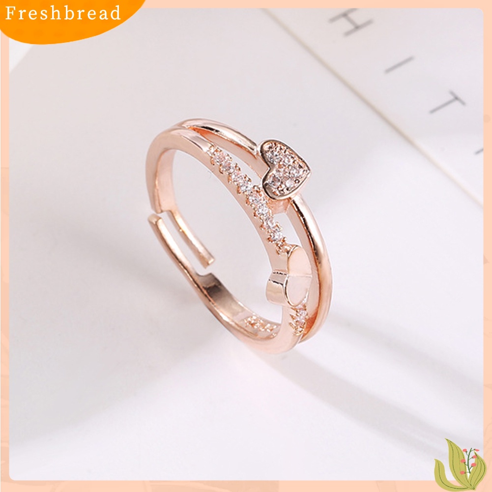 < Freshbread > Wanita Fashion Berlian Imitasi Bertatahkan Hati Ganda Berongga Band Pembukaan Cincin Perhiasan